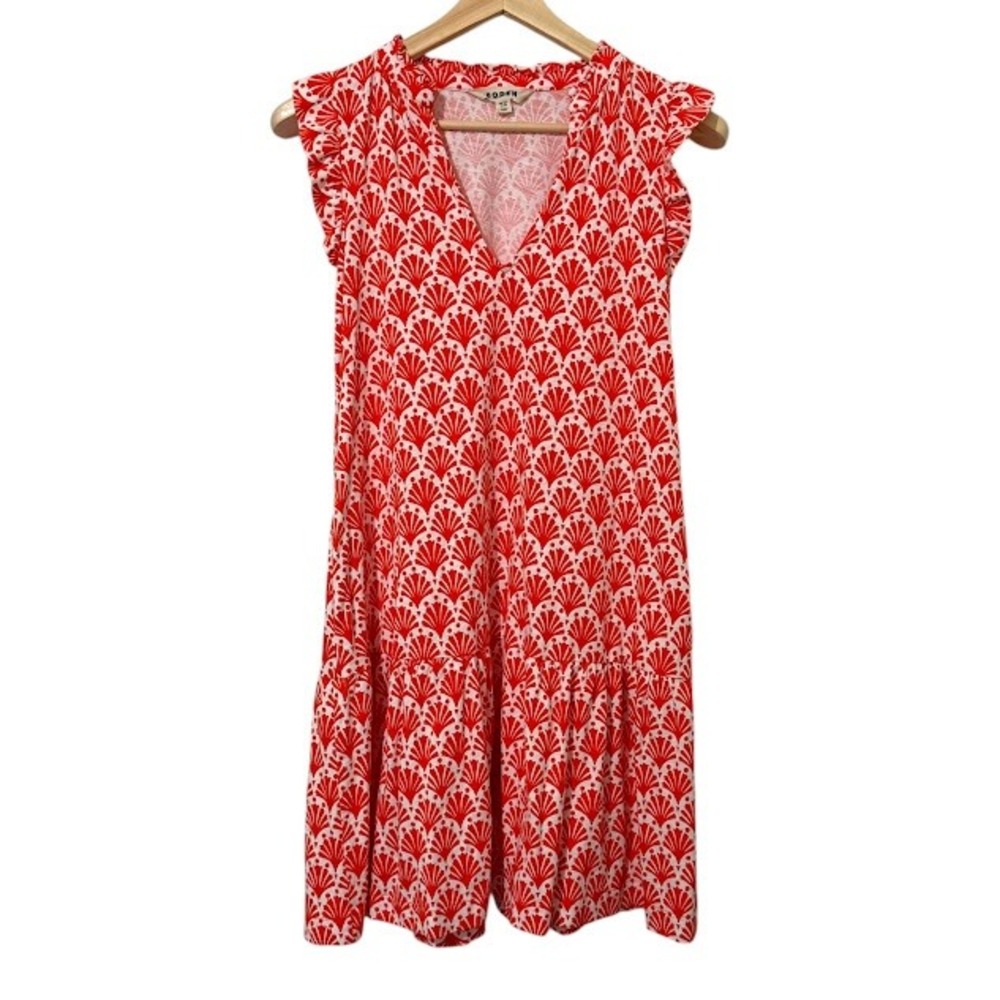 Boden Orange White Fan Pattern Flutter Sleeve V-Neck Ruffle Bottom Shift Dress 8